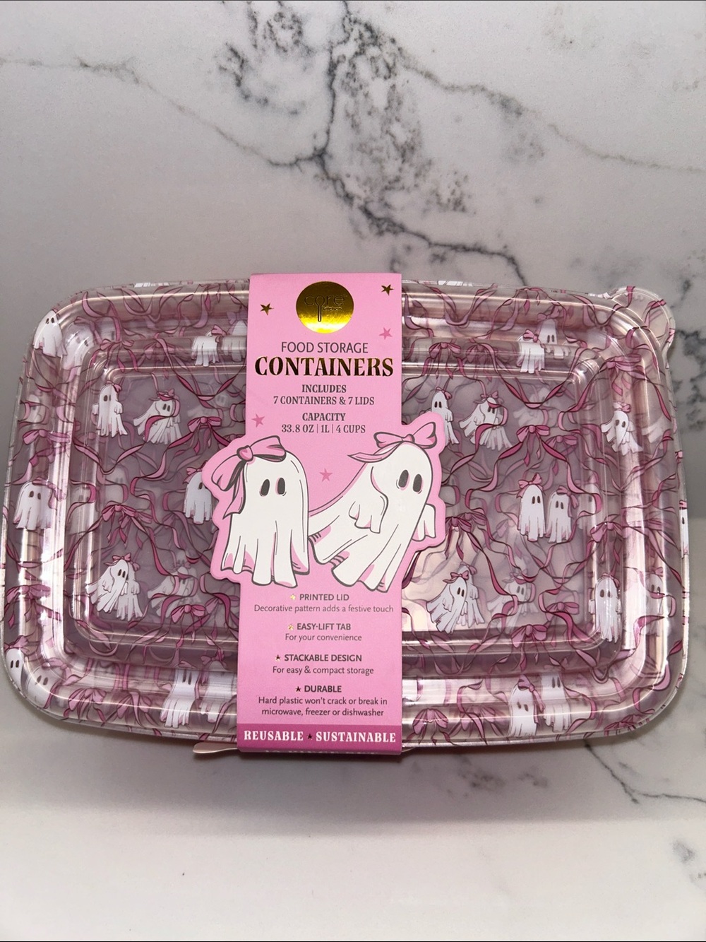 Core Kitchen Halloween Ghosts with pink bows Food storage containers 14 piece